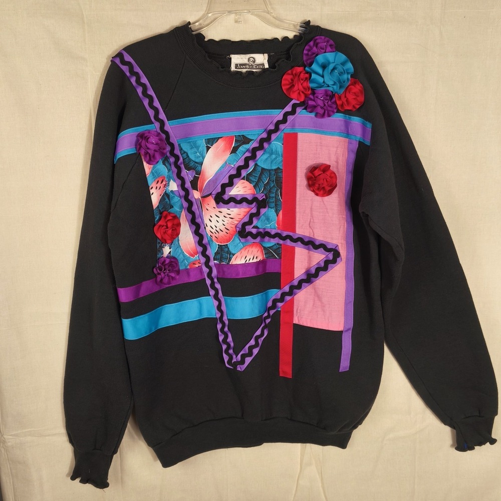 Vintage 80s Abstract Colorblock Sweatshirt XL Applique Rosettes Art Teacher Chic
